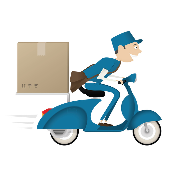 Funny postman delivering package on blue scooter
